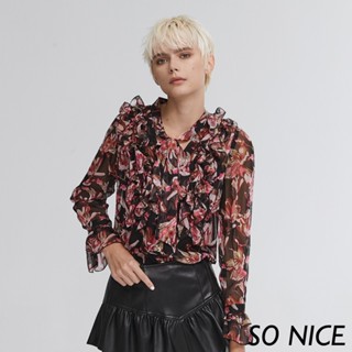 SO NICE【特惠】火鳥花荷葉雪紡印花上衣｜都會時尚女裝 【75341044】