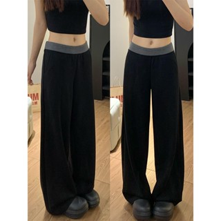 YOBARLA 拼接休閒褲 運動褲 夏季 設計感 高腰直筒褲 闊腿褲 女生褲子 休閒 百搭 寬鬆 長褲子 居家褲 長褲
