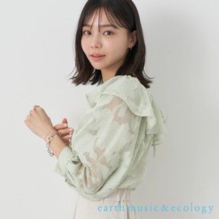 earth music&ecology 緹花圖案荷葉摺邊綁帶微透上衣(1L31L0C0240)