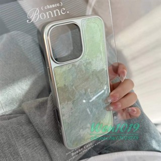 拼色綠油畫 簡約銀邊 適用iPhone16 15 14 13 Pro Max 手機殼 16pro 全包防摔殼 軟殼