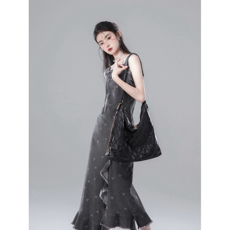 ♥《Queen’s love》蝴蝶結 印花 波浪 開衩 魚尾 連衣裙 無袖 女裝 個性 洋裝 長裙 旅遊 服飾 韓系