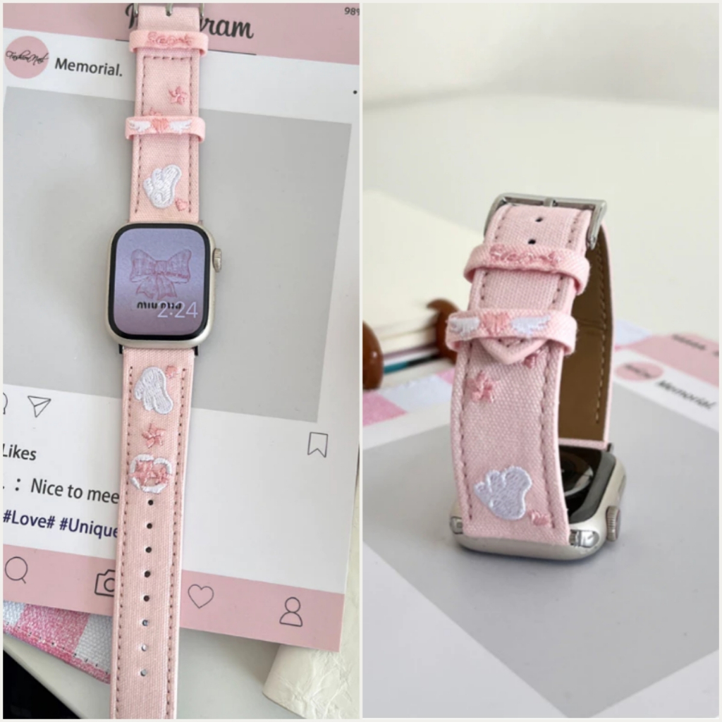 新款 刺繡翅膀皮質可愛錶帶 適用蘋果ApplewatchS9手錶 蘋果錶帶iWatch錶帶 SE S876 45mm錶帶