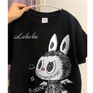 痞帥塗鴉 labubu 印花t恤 美式復古 拉布布 短袖 黑色短袖上衣 oversize 大尺碼女裝上衣 寬鬆 休閒上衣