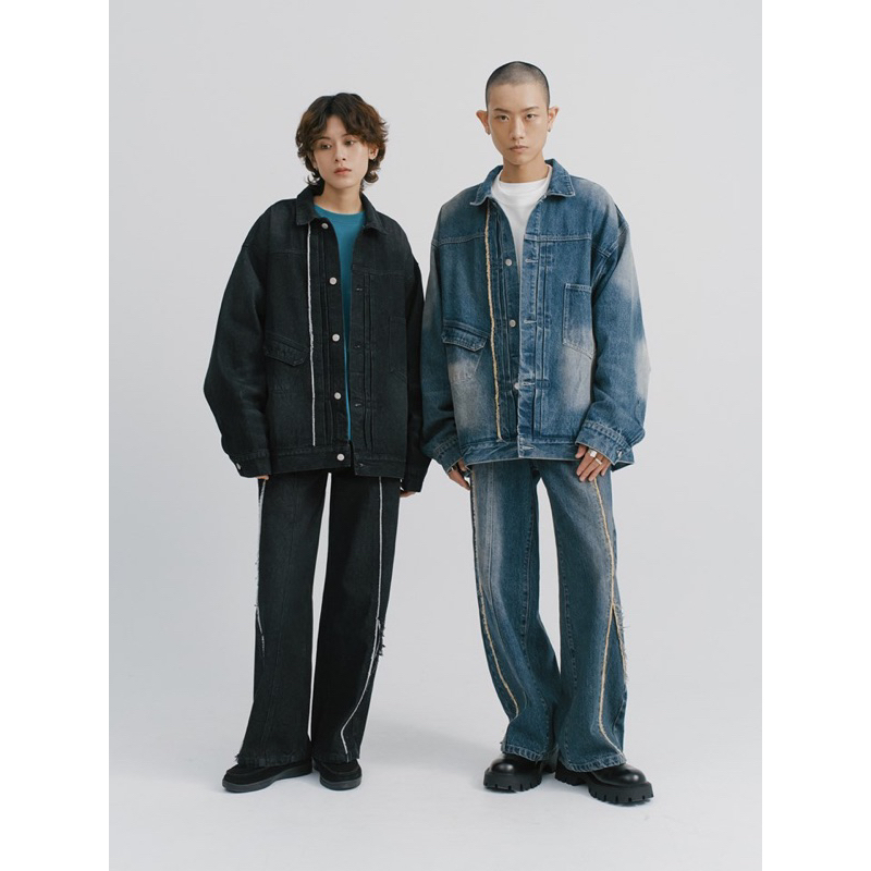 Melsign X Mouggan 寬版鬚邊丹寧外套 黑L