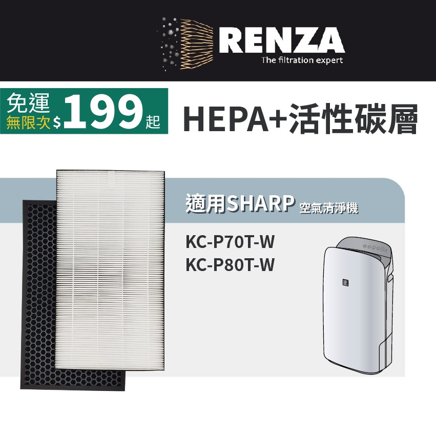 適用 Sharp 夏普 KC-P70T-W KC-P80T-W AIoT智慧美型鬱金香空氣清淨機 HEPA+活性碳 濾網