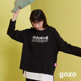 【gozo】宇宙的Ada印花開岔長袖T恤(黑色/深紅 F) | 女裝 圓領 休閒