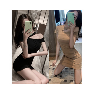 【#現貨臺灣 , 隔日到】S-XL 黑 卡其 斜肩掛脖小禮服 收腰顯瘦氣質緊身包臀裙 短袖洋裝 性感洋裝