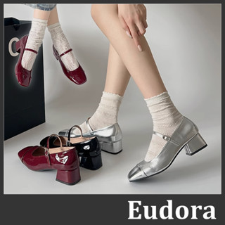 【Eudora】低跟娃娃鞋 安可拉紅 瑪莉珍鞋 小皮鞋 銀色 y2k 芭蕾舞鞋 方頭鞋 漆皮亮皮粗低跟 瑪麗珍鞋 跟鞋