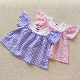 ♧麥麥My童裝部♧90-130日本Dolly Ribbon夏季女童清新格紋寬袖娃娃衫針織上衣現貨