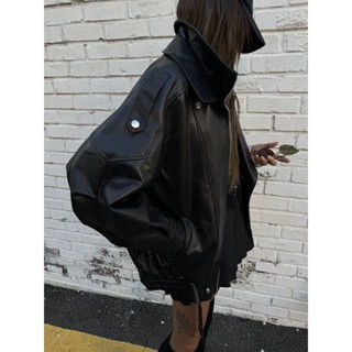 🚀韓國🇰🇷abbeylee保暖神器高階感小羊皮翻領機車騎士外套皮衣 歐美 歐膩穿搭 修飾身形 寬鬆顯瘦 超百搭 連線款