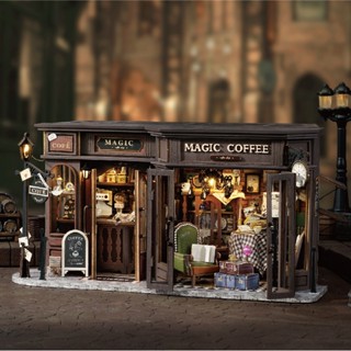 【臺灣現貨|復古咖啡店】智趣屋手工DIY迷你場景魔幻咖啡屋歐洲復古故事空間咖啡館小屋 半開放咖啡櫃暖光色落地燈