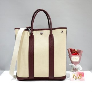 優買二手精品名牌店 HERMES GARDEN PARTY GP FILE 28 咖啡紅茶荔枝皮 奶油白帆布 購物包手提