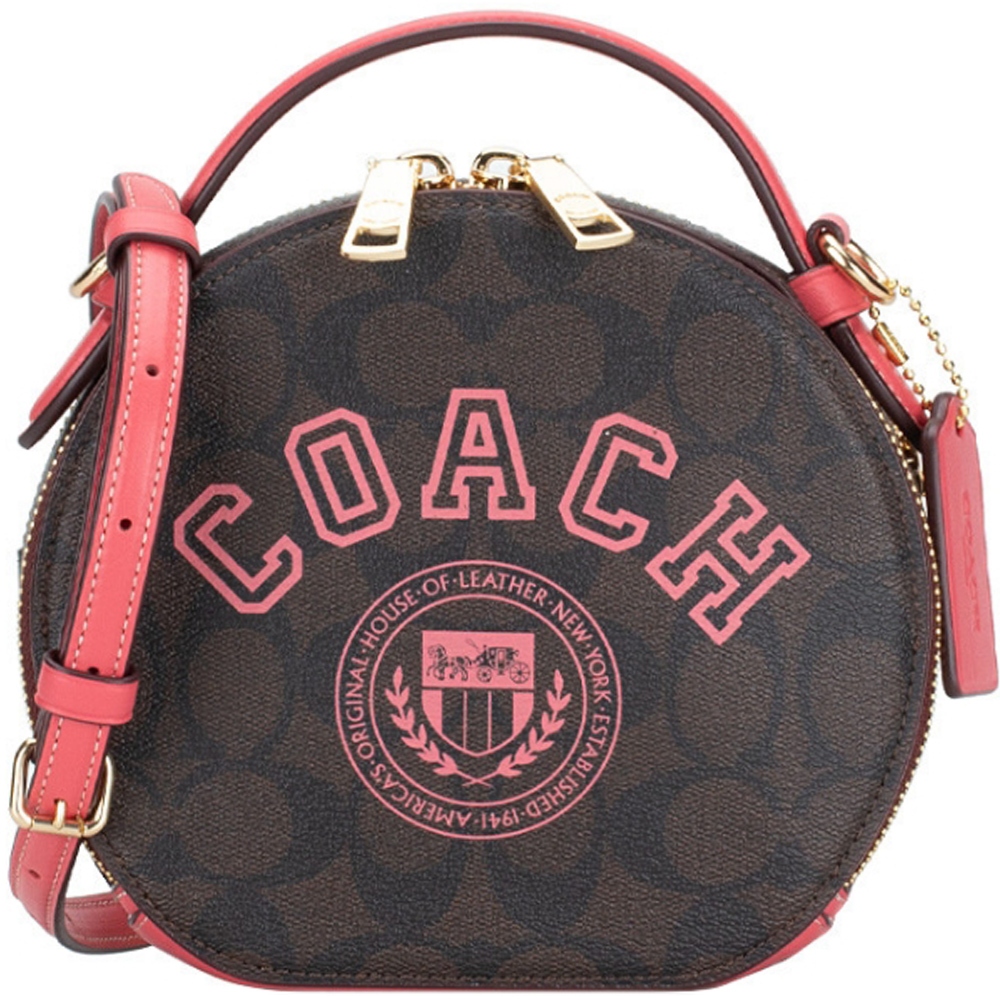 【COACH】桃粉紅X深咖啡PVC滿版LOGO雙拉鍊手提斜背圓餅包