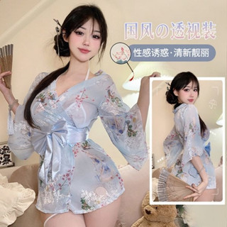 藍色透明性感和服制服 情趣內衣 古風深V透明和服 純欲和服 薄款 蝴蝶結櫻花和服睡衣 透視性感睡衣