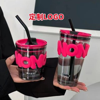 🔥玻璃吸管杯 定製LOGO水杯 玻璃水杯 隨行杯 韓風ins印花字母玻璃杯 吸管杯 大容量牛奶杯 活動杯 網美杯 水杯