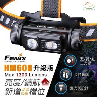 【錸特光電】FENIX HM60R 升級版 三光源智能調光戶外頭燈 1300流明 120米 18650 聚泛 紅光