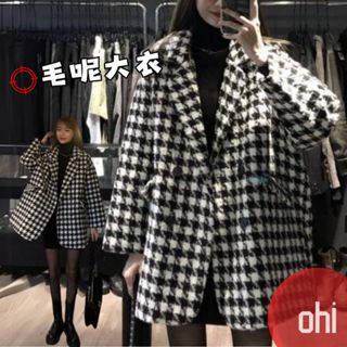 【ohi】千鳥格紋毛呢外套 中長款大衣 長袖外套 外套女 秋冬百搭外套 女生外套 女裝 GCS5508