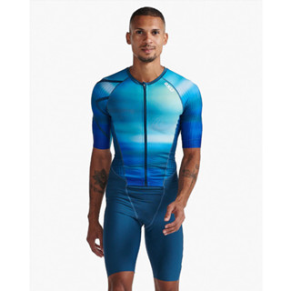 2XU Aero男性全拉鍊式三鐵衣 春綠藍/白字