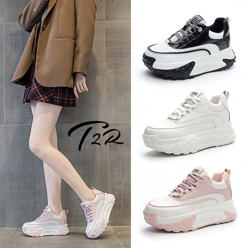 【T2R】正韓-真皮拼接條紋造型內增高厚底老爹鞋-增高約7.5公分-白/黑-5985-2574/2575/3042