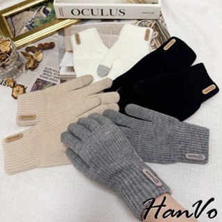 【HanVo】小牛標籤加絨加厚針織手套 保暖百搭 靈敏觸控 秋冬穿戴 機車族必備 女生配件 C02-8090