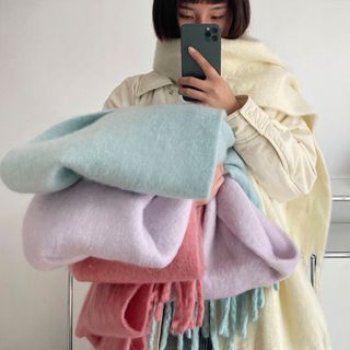 韓版ins純色馬海毛圍巾冬季女加厚流蘇保暖圍脖披肩一體加長學生 藍色圍巾 韓國圍巾 冬天圍巾 可愛圍巾 圍巾