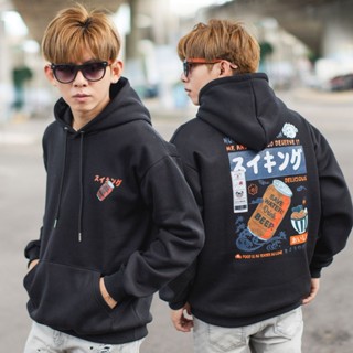 臺灣出貨 男裝【NB1802J】日系漫畫手繪啤酒罐圖騰刷毛連帽TEE