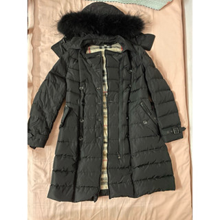 Burberry藍狐皮草連帽經典風衣版型長版羽絨外套可收腰
