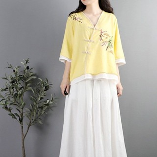 民國風藝文復古刺繡棉麻拼色盤扣V領開衫襯衫女寬鬆上衣中袖茶服