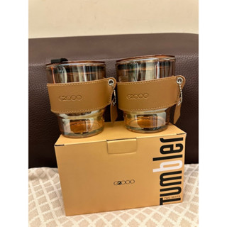 全新正版G2000隨行杯 400ml2入高質感皮革杯套隔熱棕色透明玻璃杯 咖啡杯
