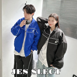 【JES】韓國 美式 字母 線條 白線 滾袖 尼龍 防風 防潑水 機能 時尚 Y2K 潮流 情侶 立領 風衣外套 外套