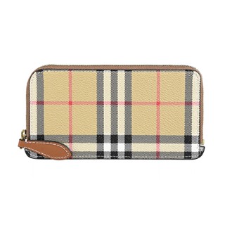 BURBERRY皮標燙印金字LOGO都市格紋設計PVC拼牛皮6卡對拉鍊長卡夾包(典藏米)