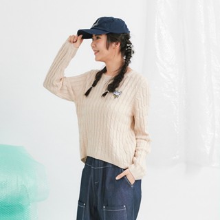 【Dailo】冰淇淋貓咪麻花長袖針織上衣 藍 杏 咖 (魅力商品)