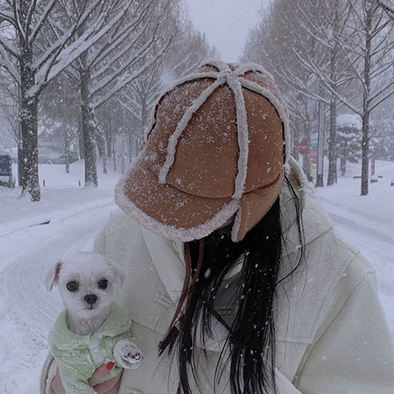 ANNAS 韓國UGG款 仿皮毛雷鋒帽 遮耳帽 帽子 羊羔毛 麂皮 耳罩 保暖 雪地帽 綁帶 駝色毛帽