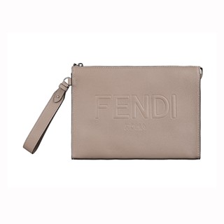FENDI ROMA字母LOGO荔枝紋設計小牛皮6卡拉鍊男士手拿包(香檳粉)
