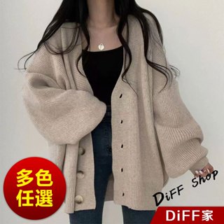 【DIFF】韓版V領寬鬆燈籠袖針織外套 毛衣 針織上衣 長版外套 女裝 衣服 保暖外套 保暖上衣 冬天外套【J262】