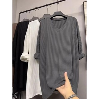 春秋新款2-300斤胖mm韓系大碼長袖T恤女洋氣條紋不規則寬鬆上衣潮