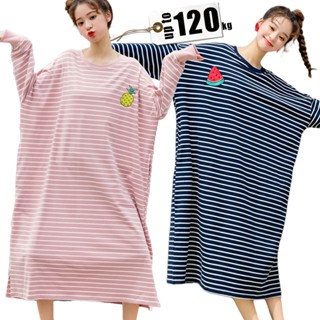 ooh lala[[臺灣現貨SL06]] 超寬鬆長袖居家連身裙 牛奶絲 加大尺碼寬鬆睡裙 家居服 刺繡水果圖案牛奶絲洋裝