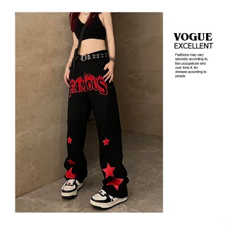 【JS 姊妹時代】【230305RV】歐美街頭風星星字母高腰牛仔長褲寬鬆直筒牛仔褲闊腿休閒運動黑色牛仔長褲