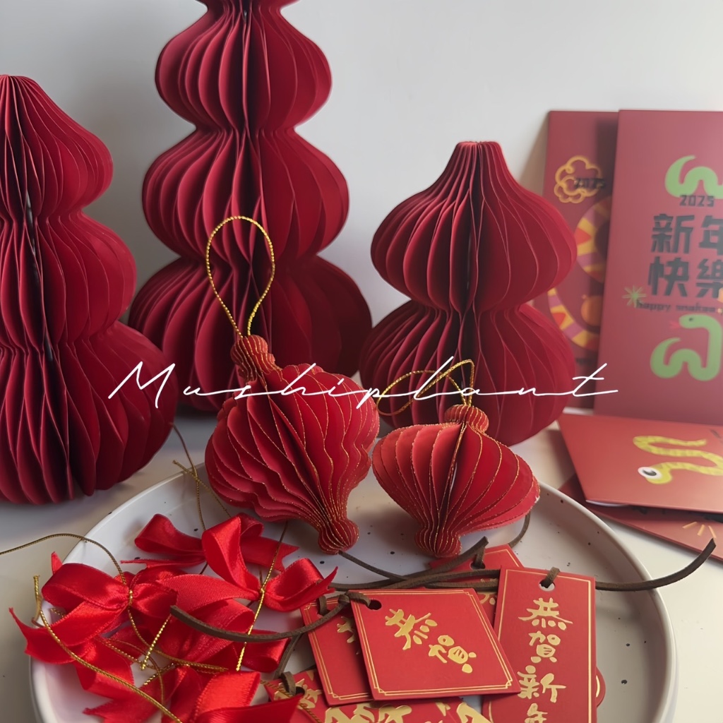 mushi 新年裝飾/掛件/吊飾/大紅紙燈籠/摺紙工藝/很美有質感的掛飾/沐時園藝