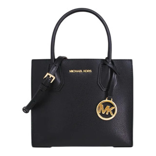 多賣場販售下標前請詢問庫存// Michael Kors MERCER系列中款金LOGO黑色荔枝紋牛皮手提/斜背兩用包