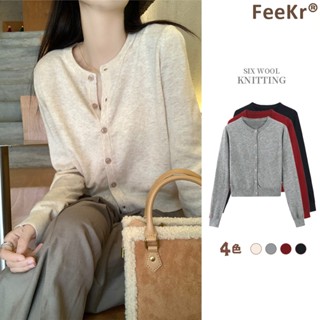 【FeeKr】軟糯舒服 外套 針織上衣 紅色開衫 圓領外套女 開衫 外搭短版毛衣 秋冬長袖內搭 休閒毛衣開衫 F41
