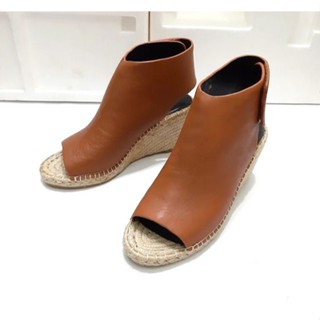 CELINE 精品 正品 焦糖色 真皮 魚口 厚底 草編 楔型鞋 涼鞋 36