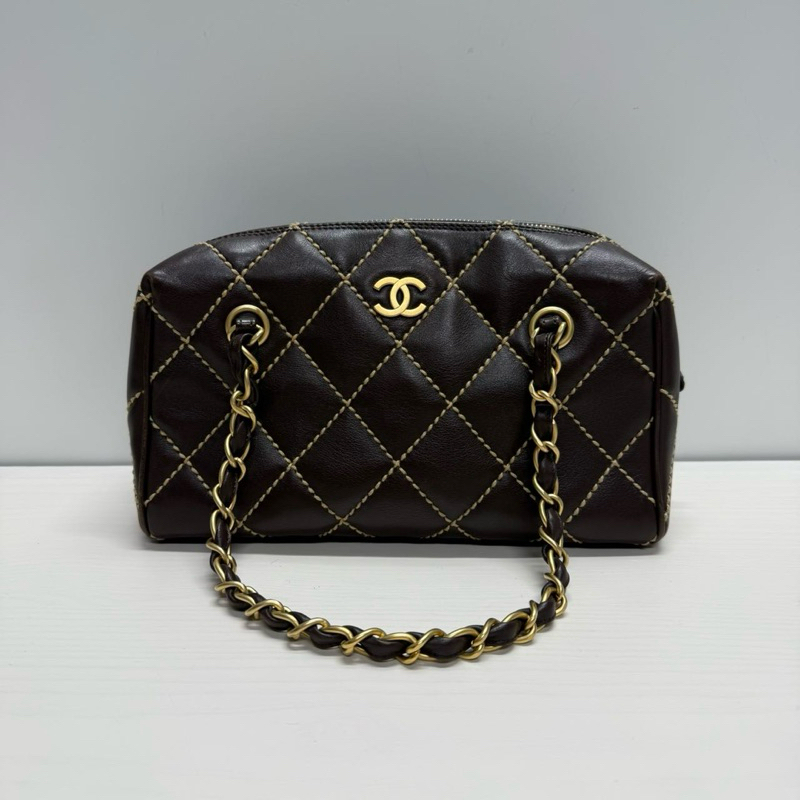 🇯🇵日本代購 中古香奈兒 chanel 巧克力色 磨砂金鏈外縫線波士頓鏈條包