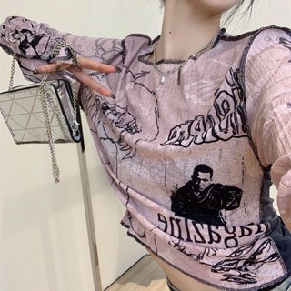 【JODIES】辣妹短版修身長袖T恤女 夏季薄款小個子塗鴉印花百搭防曬罩衫 透膚長袖上衣 韓版薄款t恤
