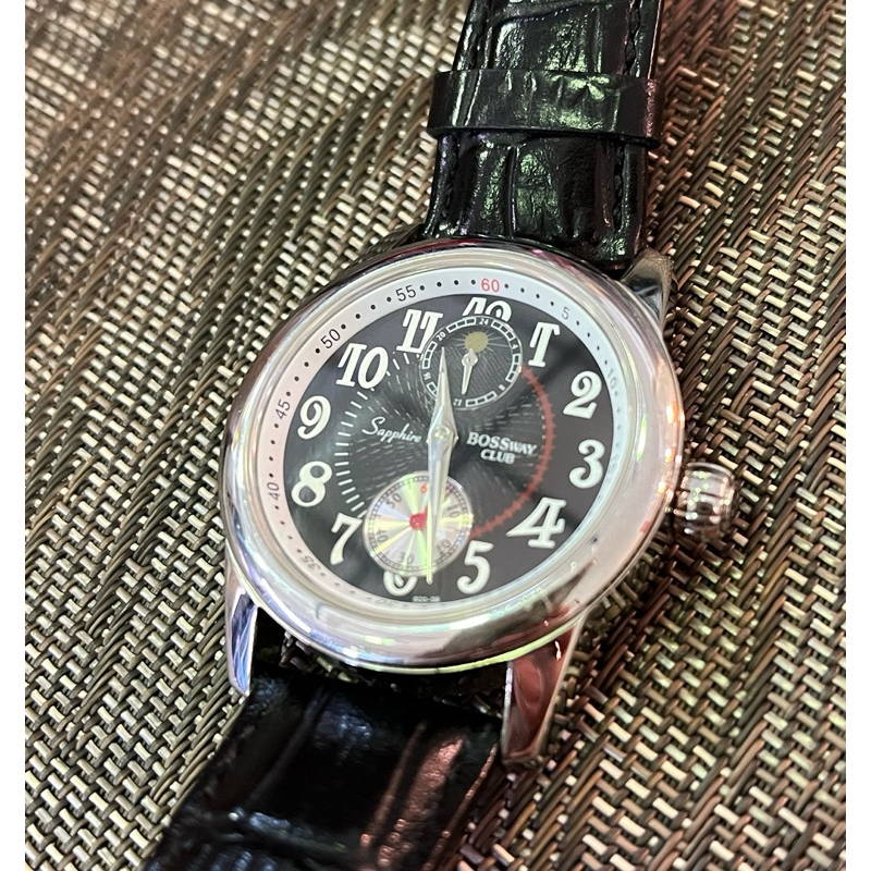 BOSSway club自動上鏈日月相雙眼機械錶（錶徑37mm).9成8新，附原廠錶扣錶帶錶盒。