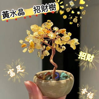 【臺灣出貨】招財樹 發財樹 天然黃紫粉水晶 桃花樹飾品 生日禮物 陶瓷可愛 家居 客廳辦公禮品擺件