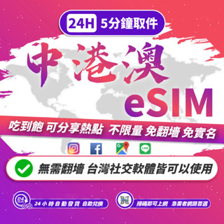 【中港澳eSIM】虛擬網絡卡 自動發貨｜五分鐘取件 吃到飽 esim 中國網絡卡 香港上網絡卡 中國網路卡 澳門網路卡