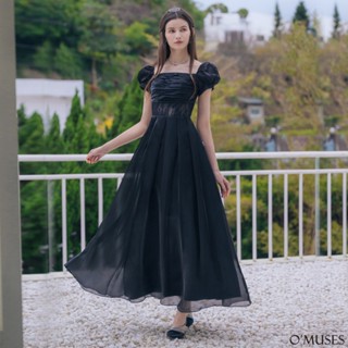 【OMUSES】一字領方領蕾絲拼接黑色長禮服19-7516