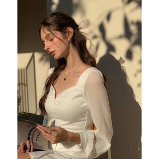 AIR SPACE 桃心領透膚拼接上衣(白/杏) 女裝 現貨