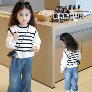 爆款女童長袖條紋衫 2025春秋假兩件針織衫條紋 洋氣新款公主泡泡上衣 女童春裝【COCO】